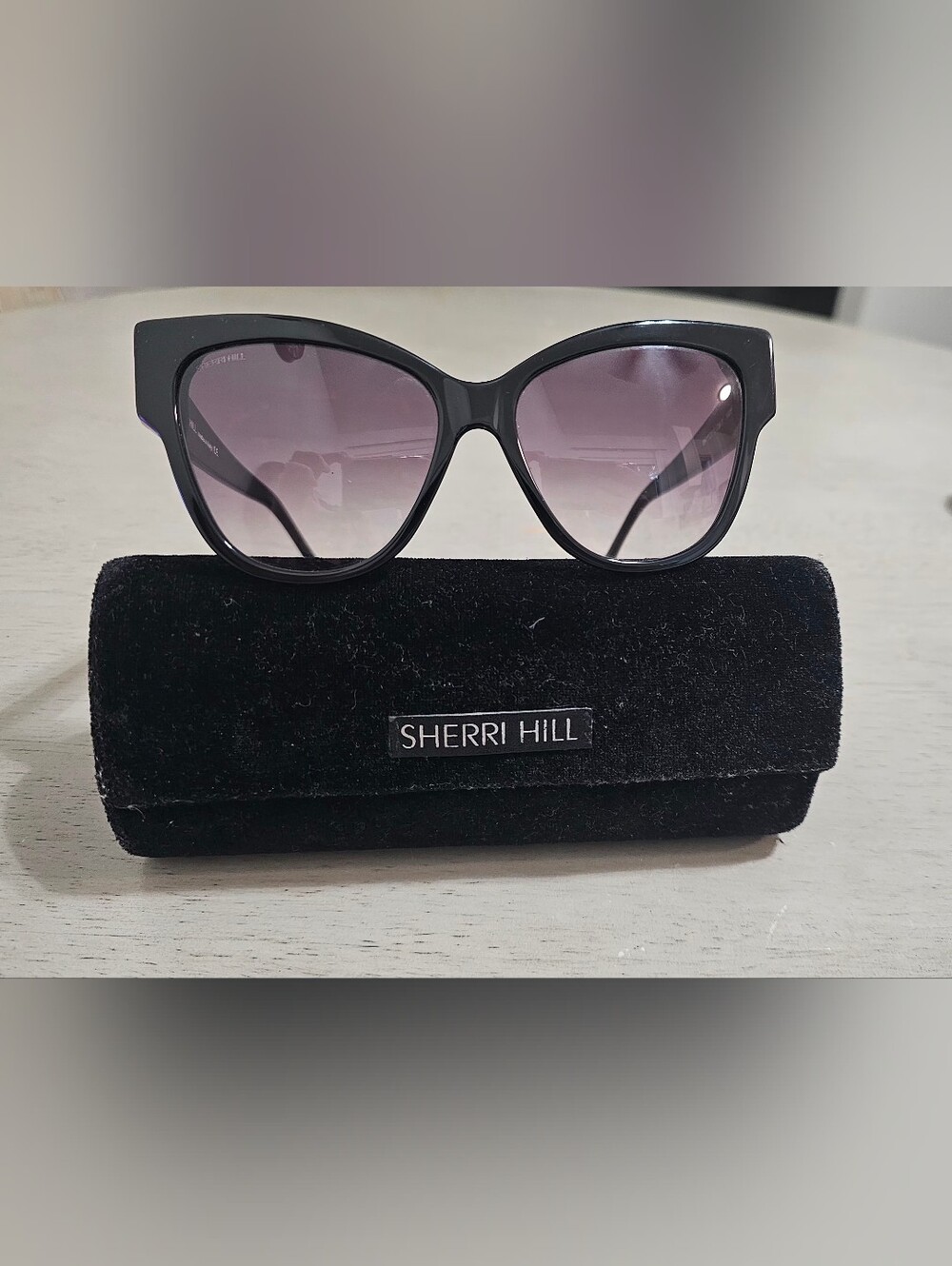 Sherri Hill Black Cat-Eye Sunglasses with Purple Gradient Lenses